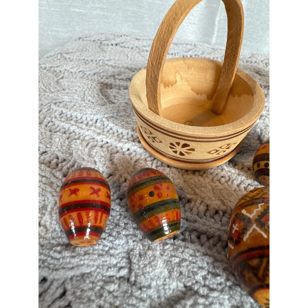 Hand Painted Wooden Nesting Eggs Vases Plate Set Folk Art‎ Decor